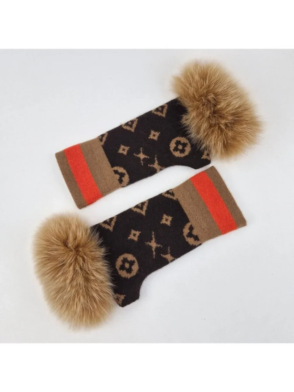 Mitchie's Matchings Monogram Brown Knit Fingerless Gloves Real Fur Trim